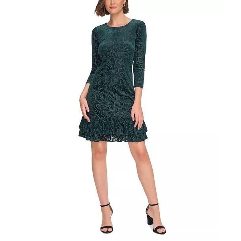 Tommy Hilfiger velvet burnout paisley 3/4 sleeve shift dress ruffled hem Sz 10